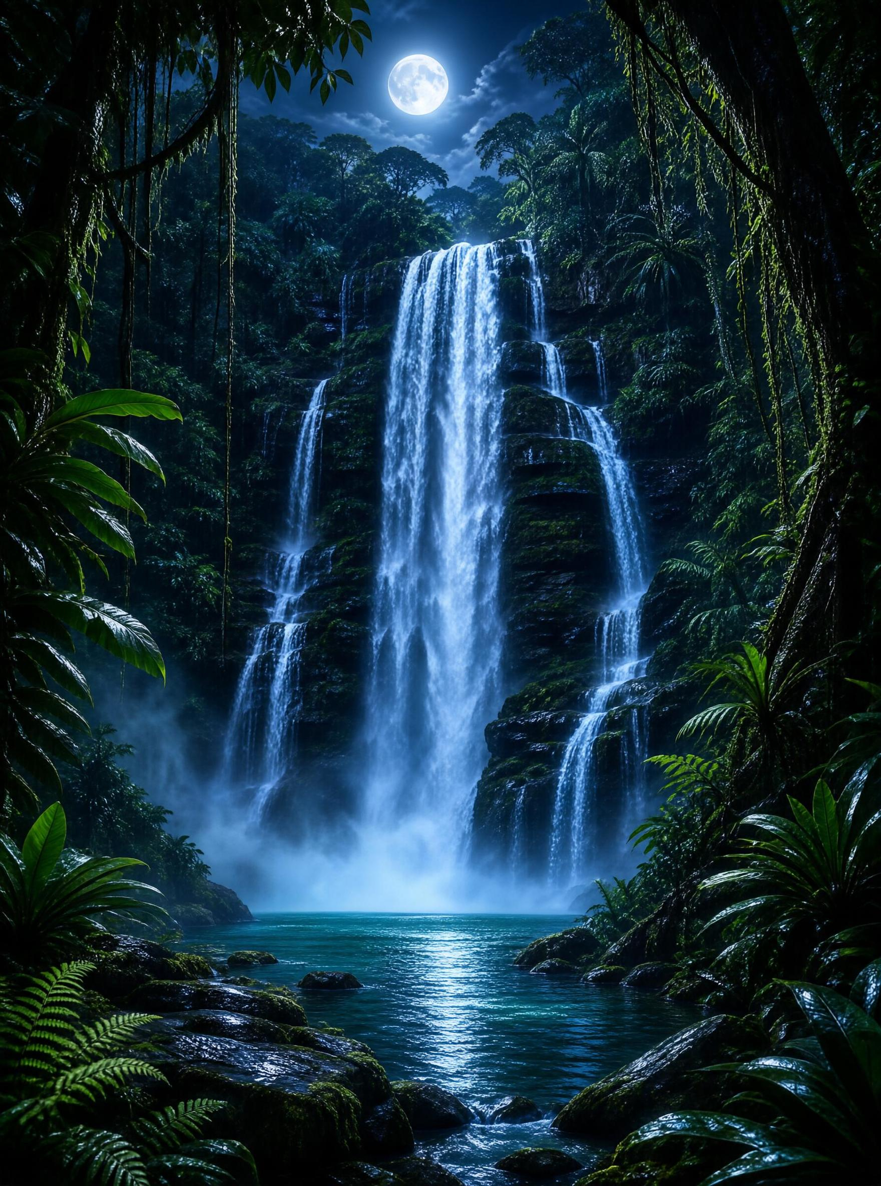 Moonlit Waterfall in Jungle