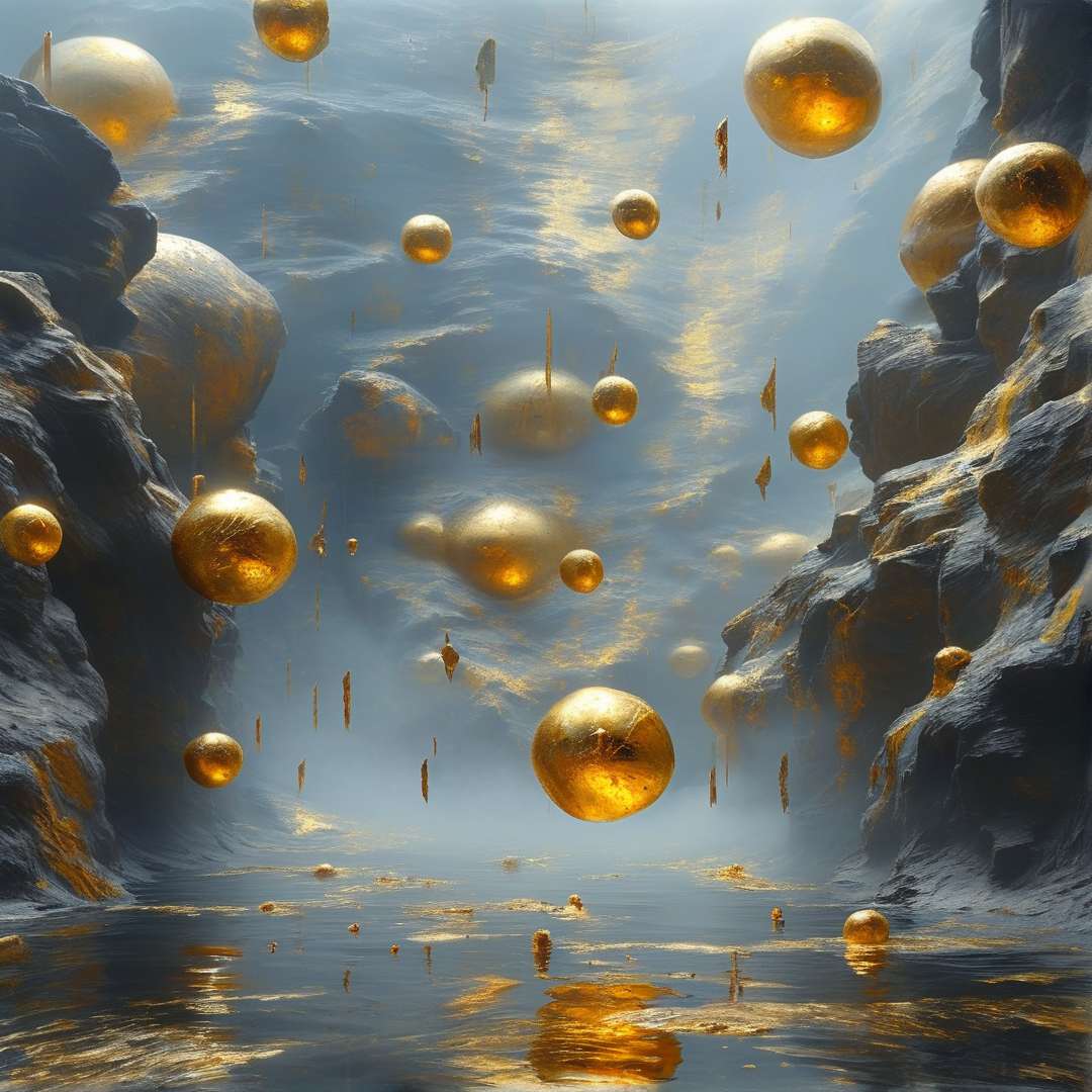 A surreal landscape features many glowing golden spheres suspended in the air between dark jagged cliffs.