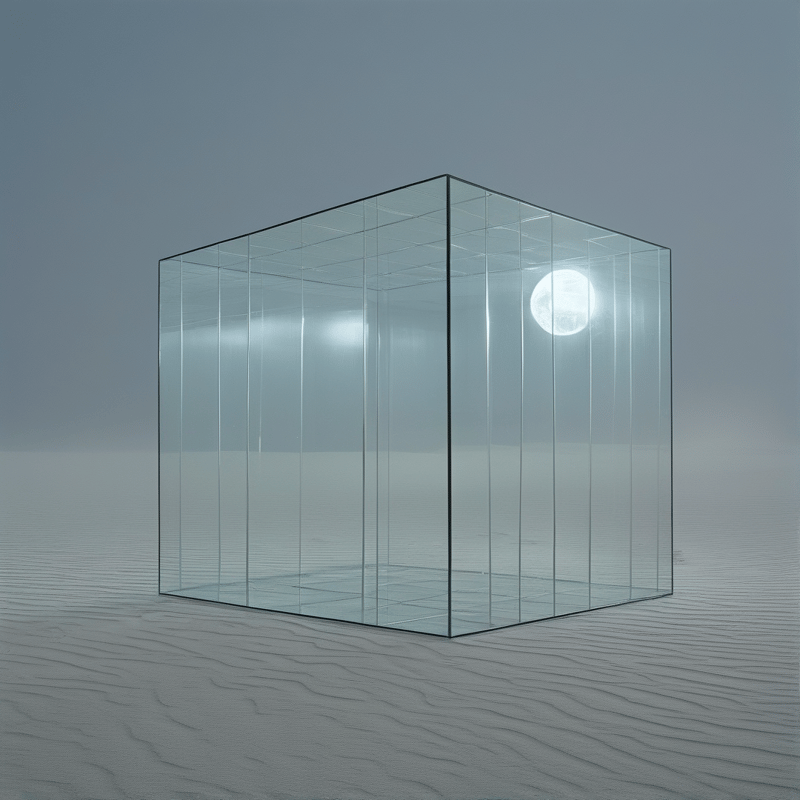 A transparent paneled cube rests on a vast pale grey salt flat, a bright full moon glows through its side under a hazy grey sky.
