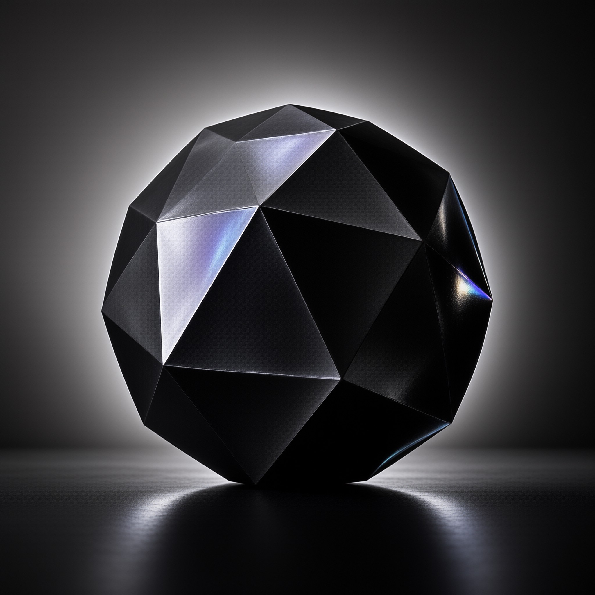 A black faceted polyhedron rests on a dark glossy surface illuminated by cool purple light