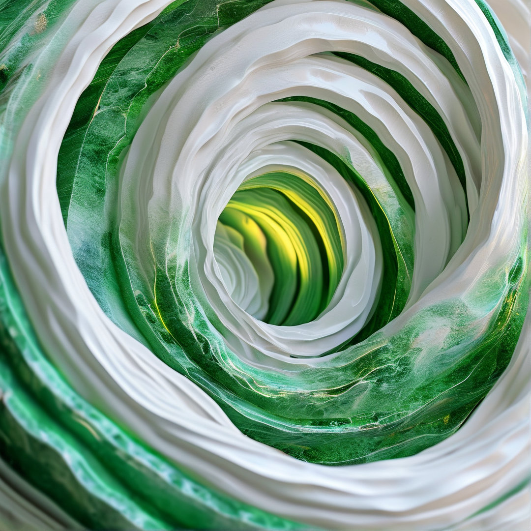 Concentric swirled bands of green and creamy white spiral inward to a bright yellow-green glowing center of the vortex.