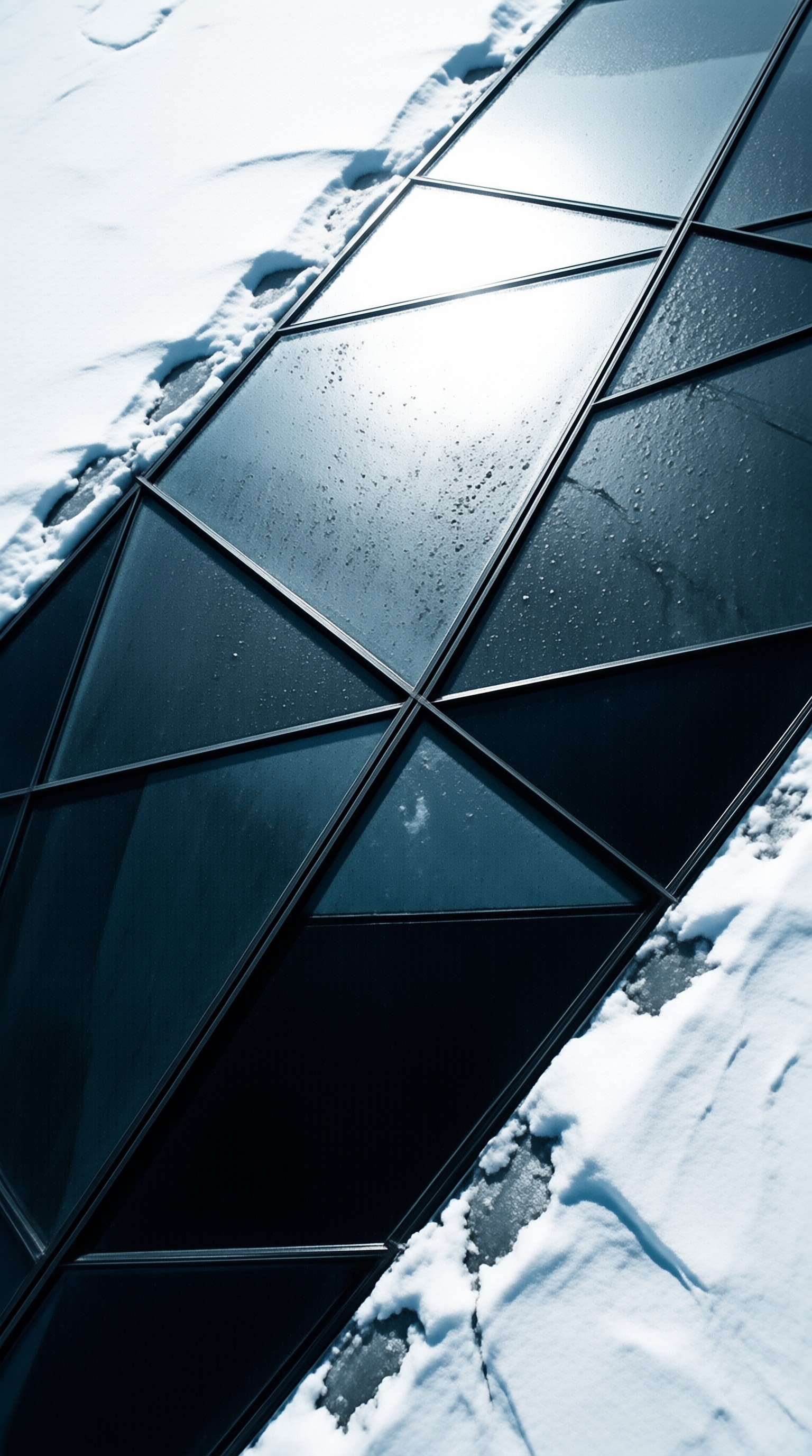 Angular dark glass architecture contrasts with surrounding white snow under bright daylight conditions.