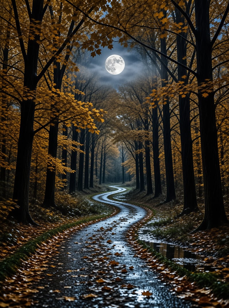 Moonlit Autumn Forest Path