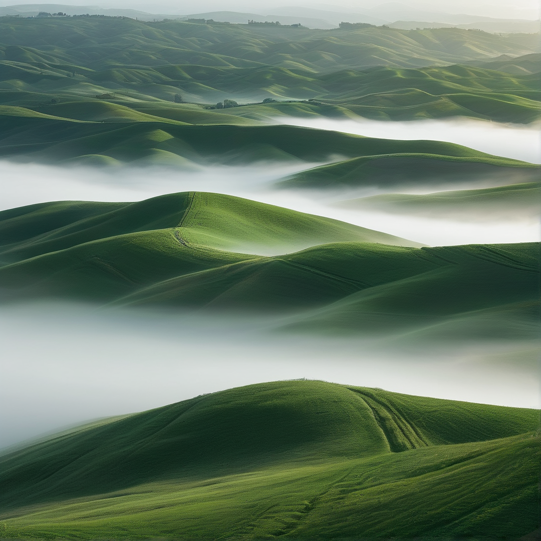 Lush green hills stretch into the distance with layers of white fog settling in the valleys under soft natural light.