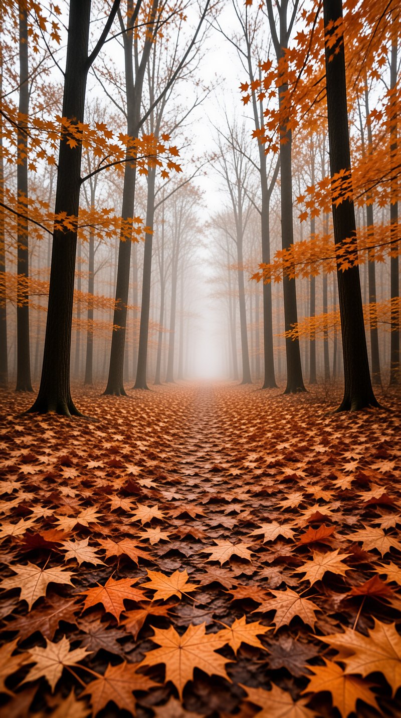 Trail of autumn foliage leads through tall trees obscured by white atmospheric fog.