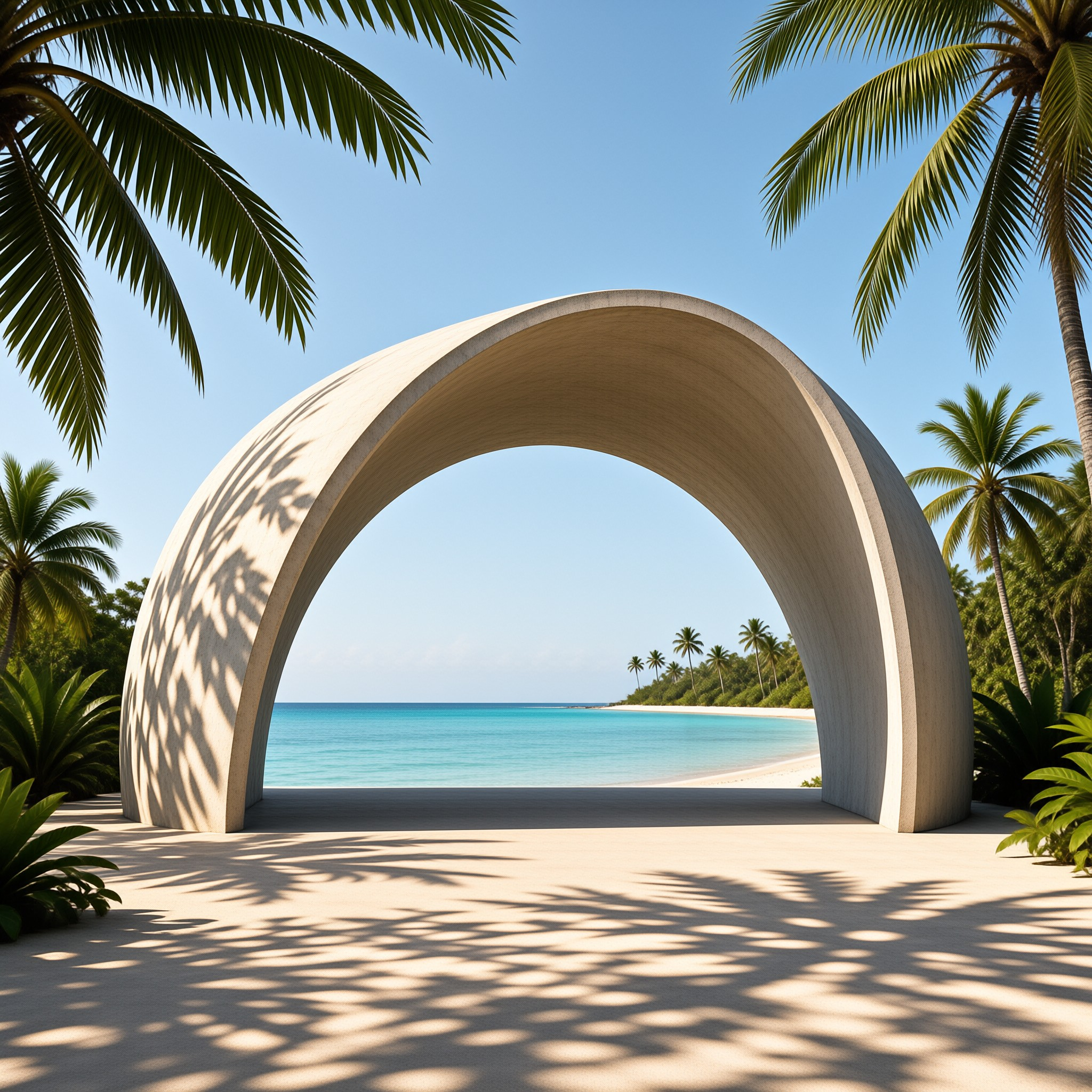 A smooth circular archway of pale stone stands between palm trees, framing turquoise water and white sand in strong sunlight.