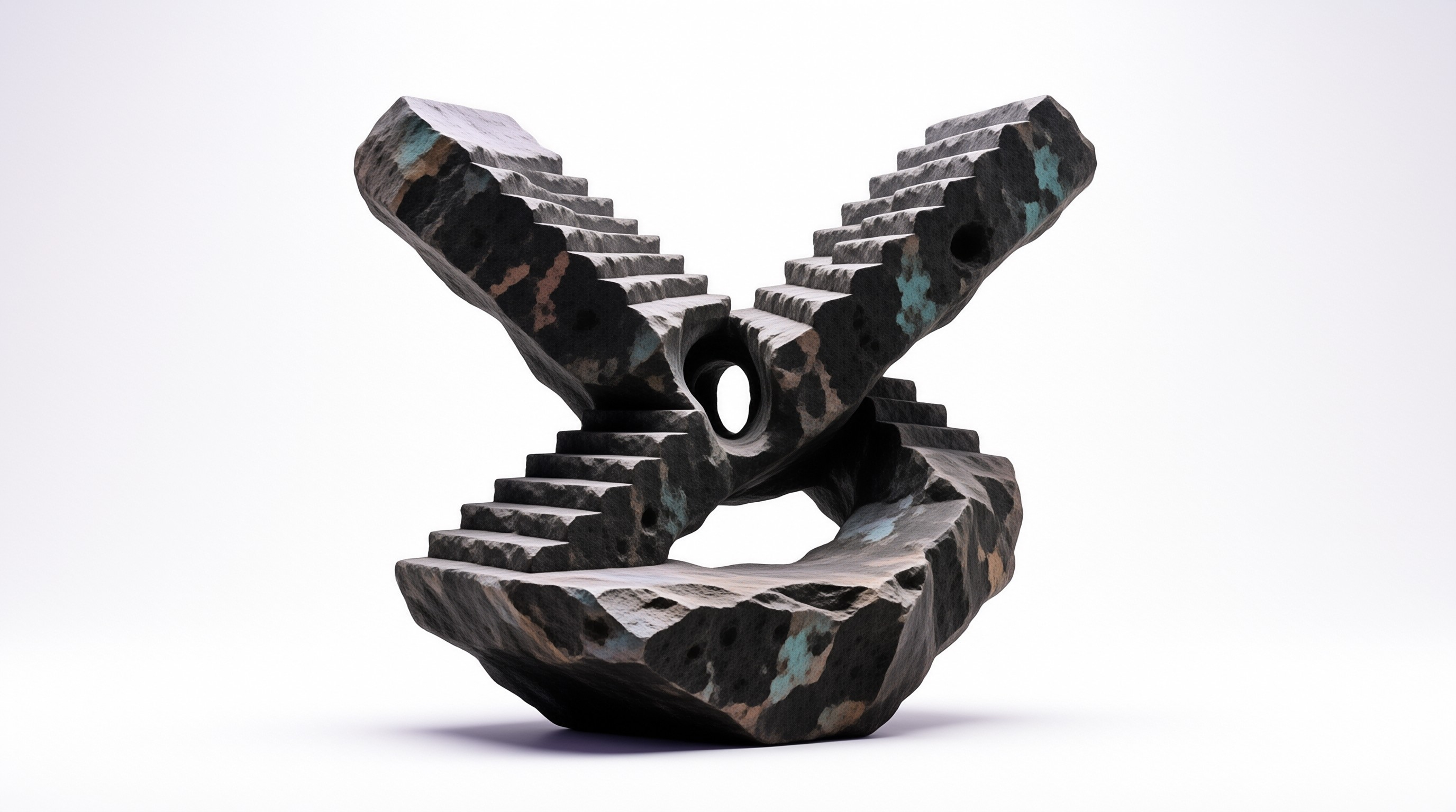 An abstract stone sculpture of interlocking steps with a round hole sits isolated on a plain white background.