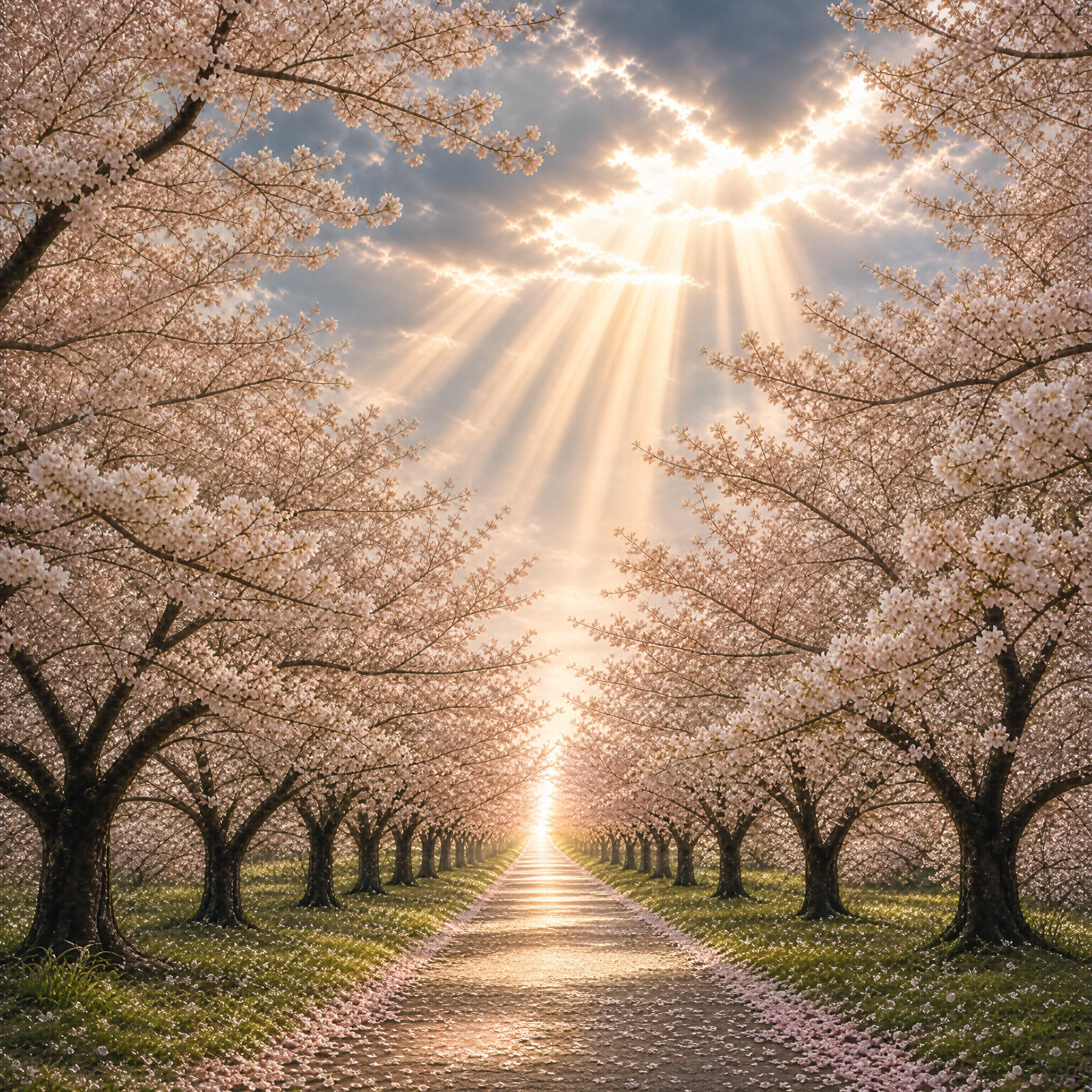 Sakura Path Under Divine Light