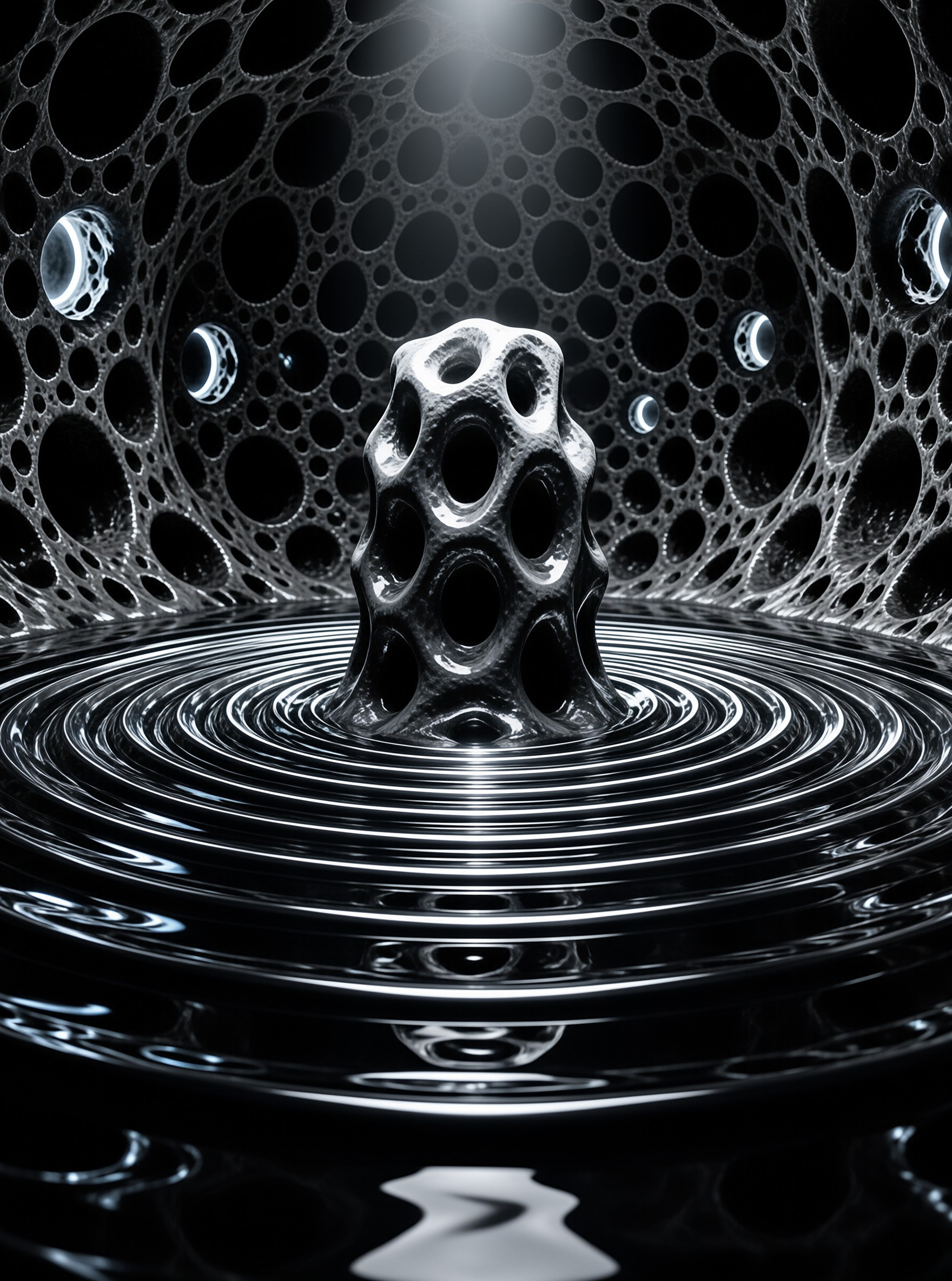 A shiny irregular shape emerges from a black liquid surface inside a cave of holes.