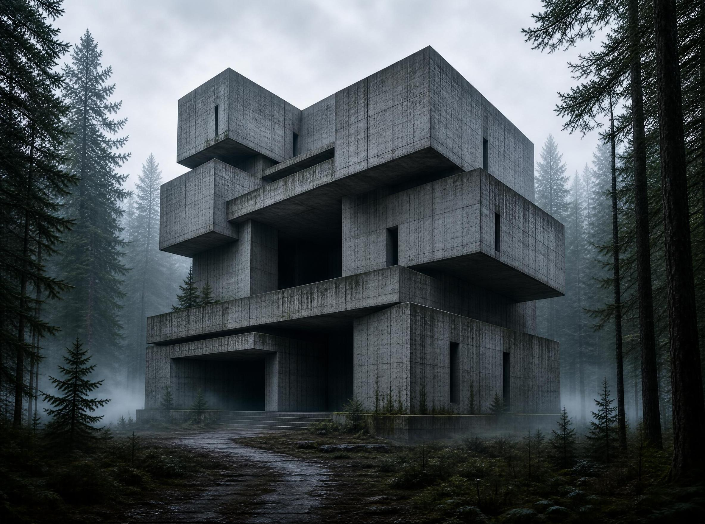 Brutalist Structure in Mist