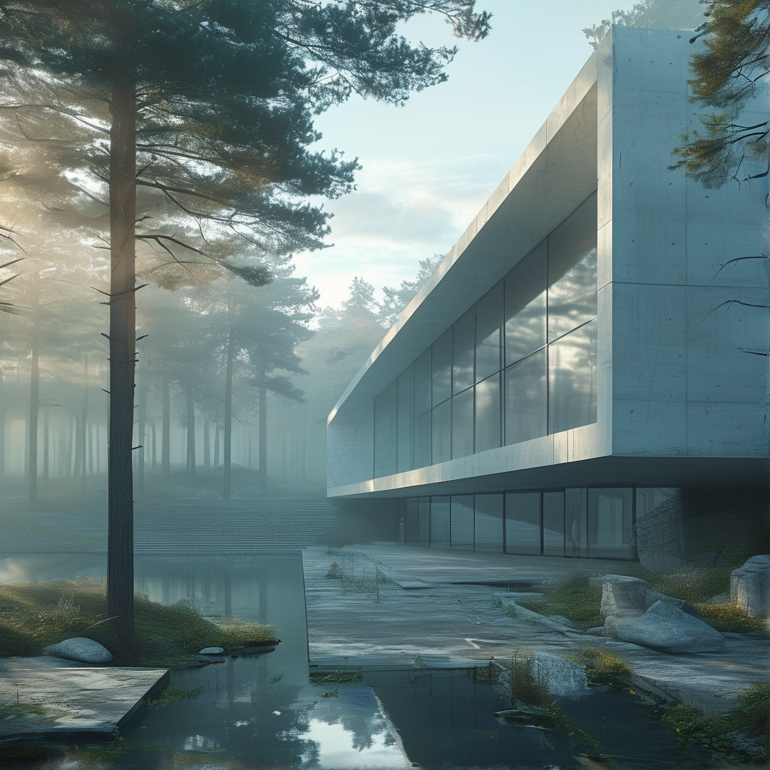 Modern Building in Misty Forest