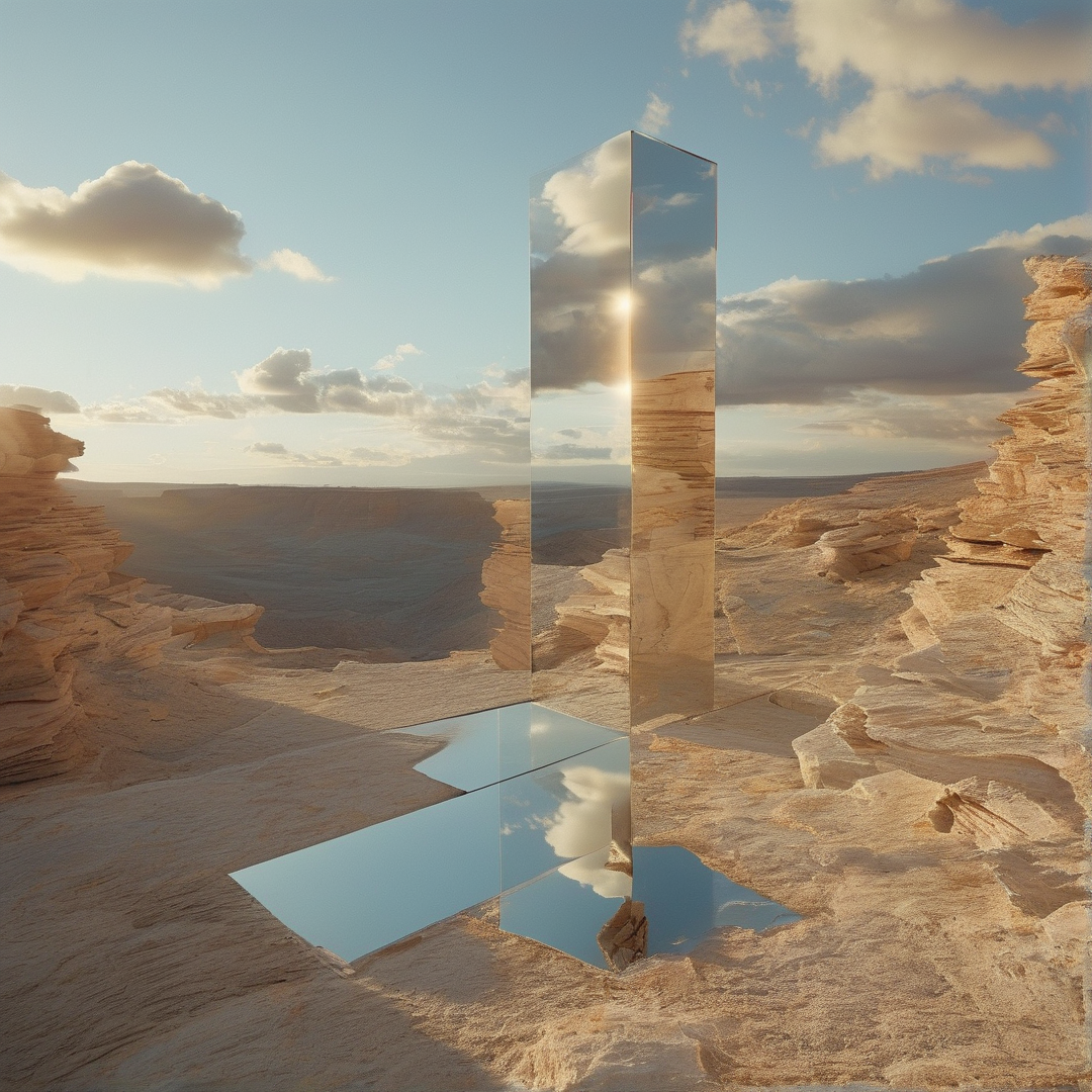 A reflective monolith stands in a desert canyon, mirroring the sky and surrounding rocky formations.