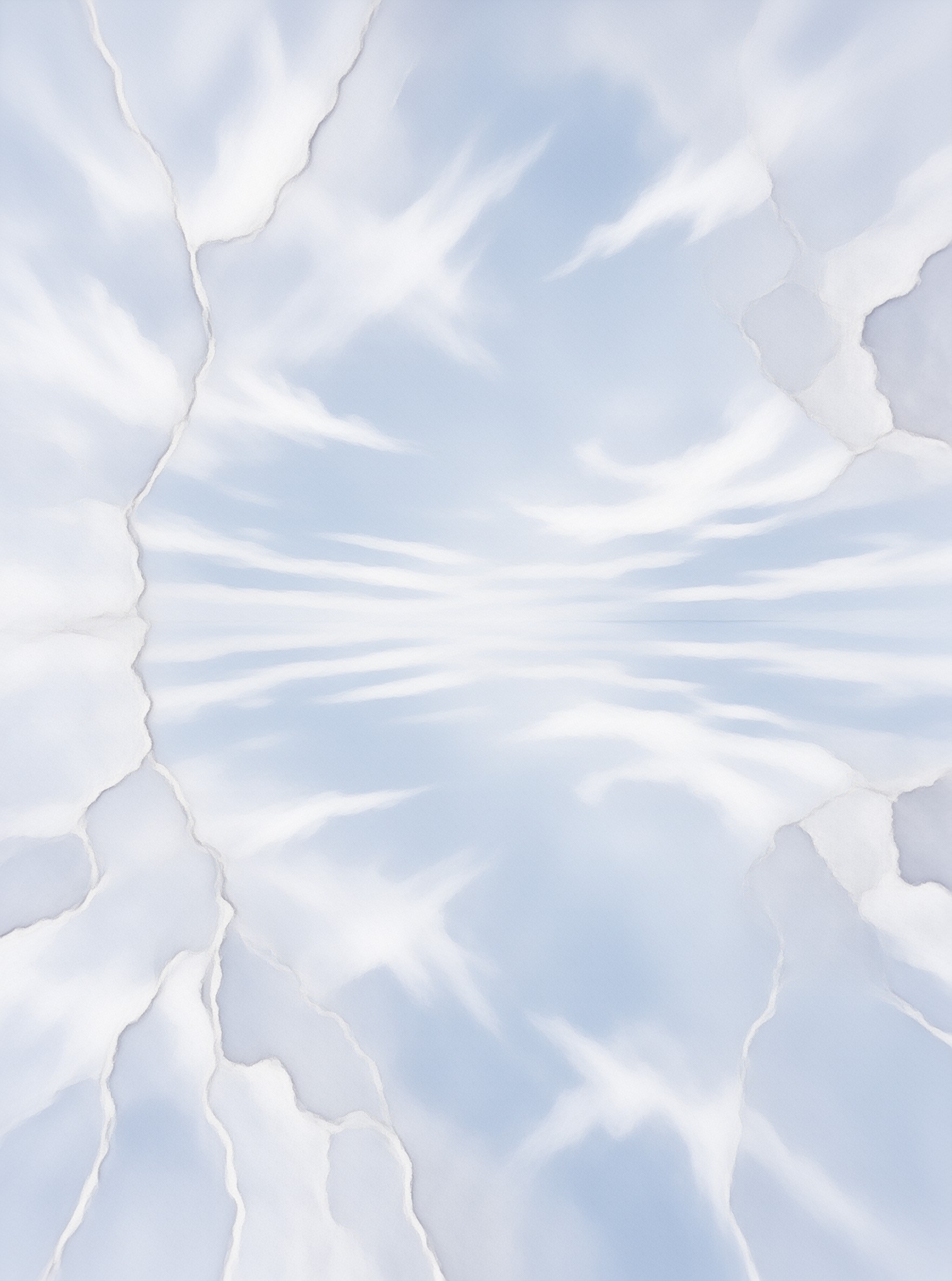 A cracked surface mirrors the soft blue sky and white wispy clouds, creating a symmetrical pattern of light and earth.