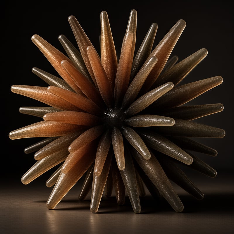 A spherical object covered in numerous brown, glossy spikes sits centered against a black background, with lighting highlighting the texture and curvature of each protrusion while casting soft shadows beneath the sphere.