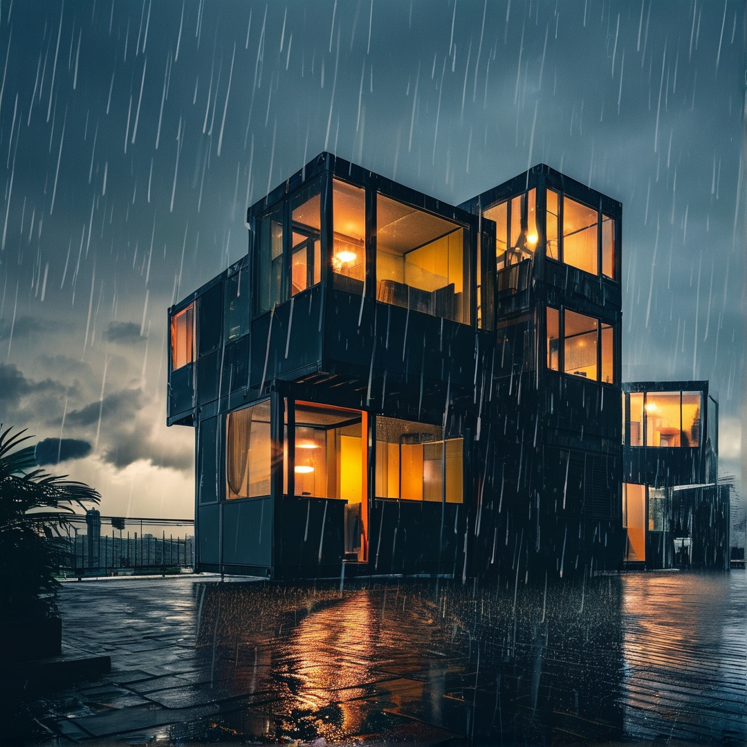 A stacked shipping container building emits orange light from windows during a heavy downpour reflecting on wet pavement.