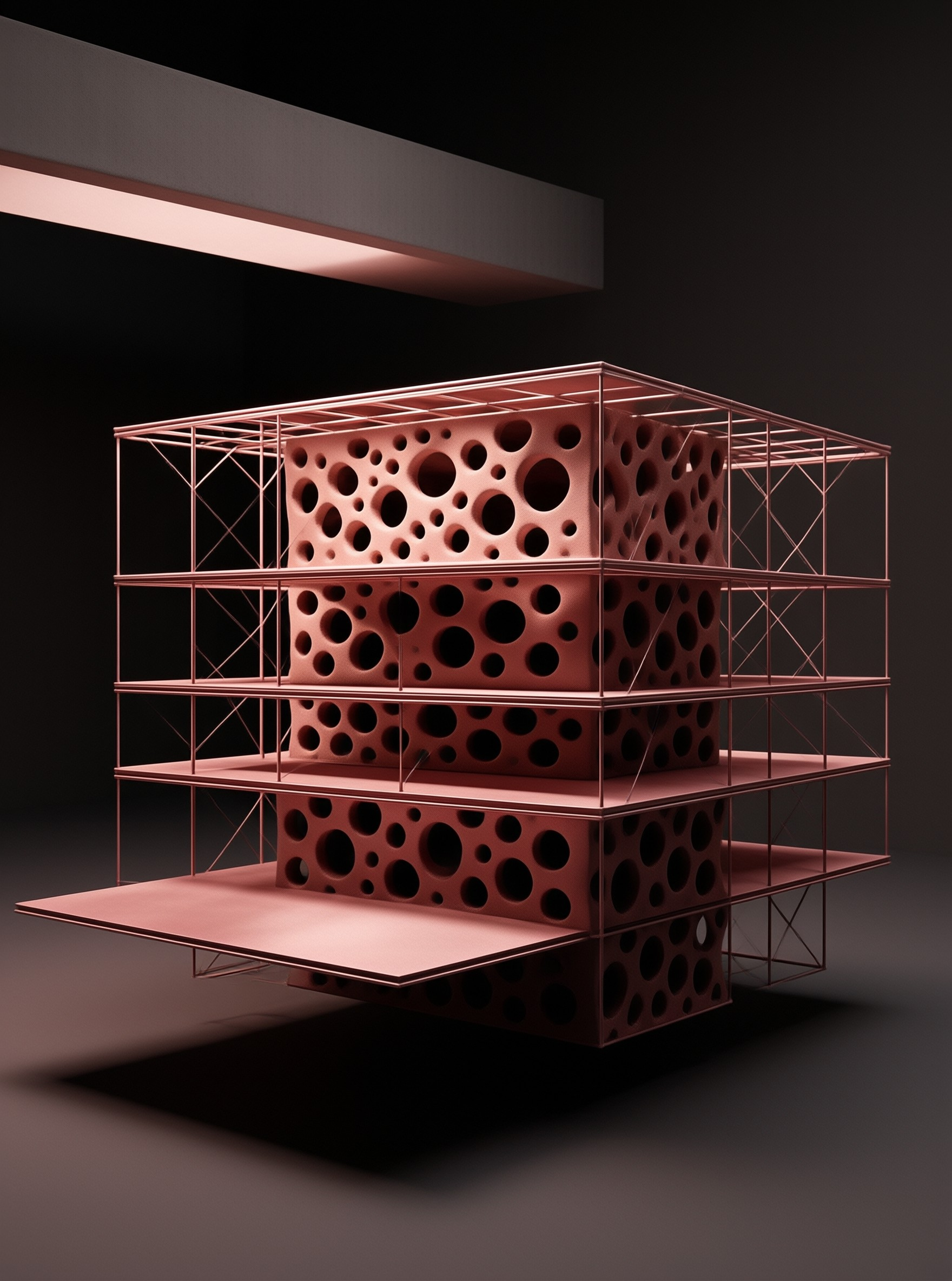 Four porous blocks sit inside a delicate copper wireframe illuminated by warm pink light against a dark void.