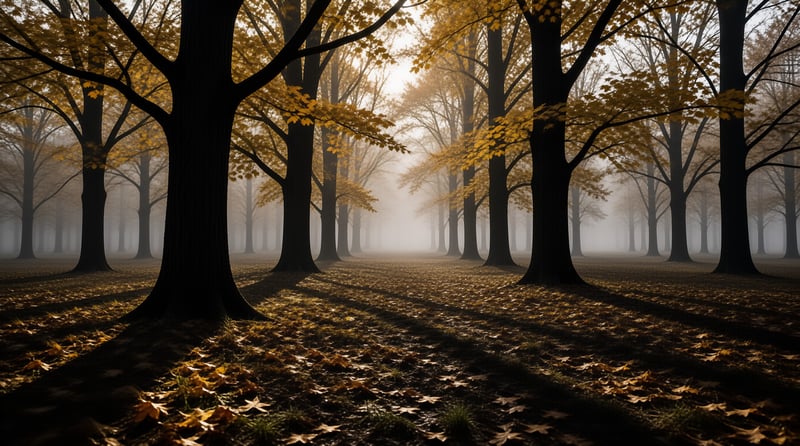 Tall dark trees stand in rows amidst thick fog while golden autumn leaves cover the forest floor.