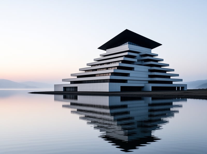 A large white stepped structure stands on a narrow strip of land surrounded by calm water during twilight.