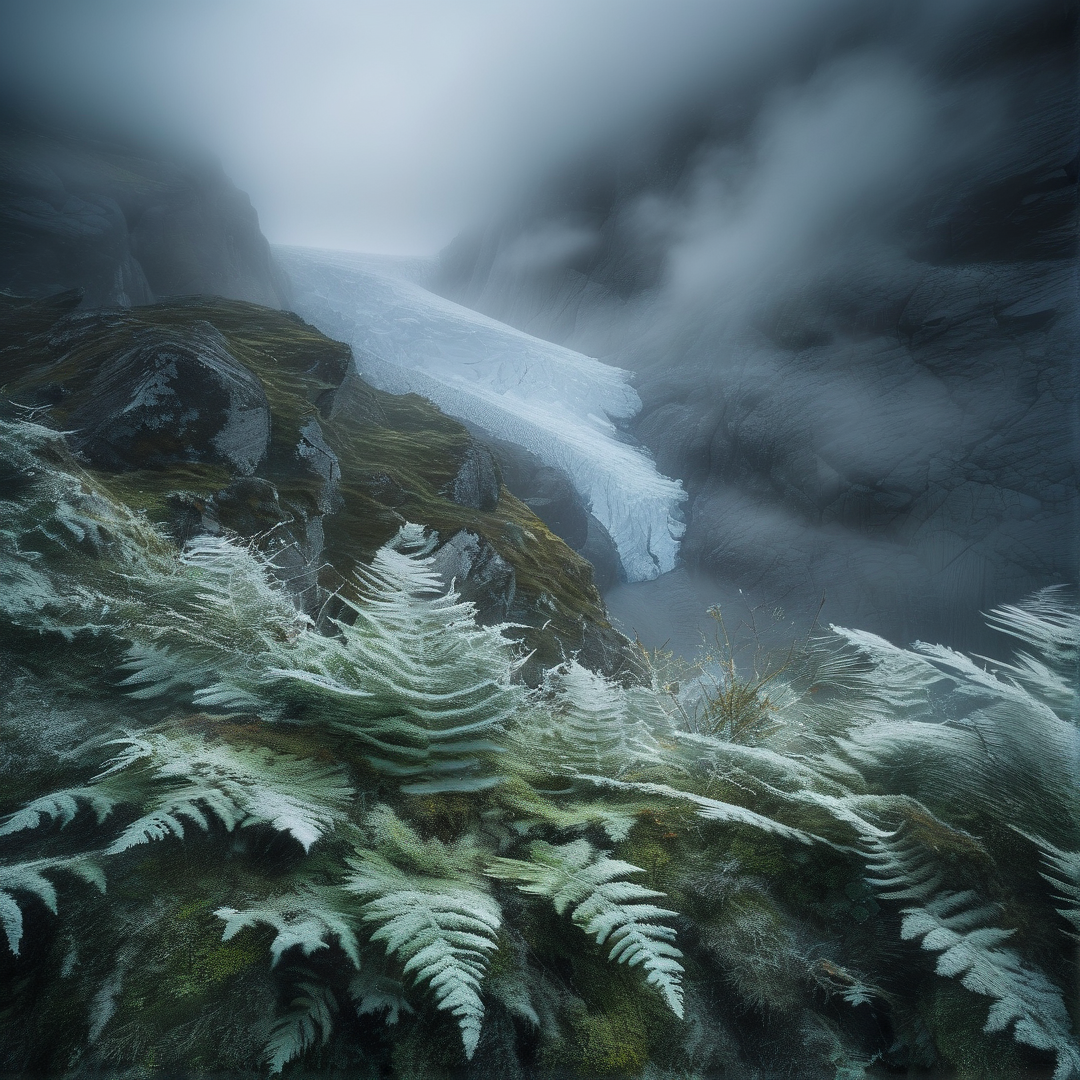 A thick layer of ice forms on a steep cliff face while white frosted ferns grow along the dark mossy ground in the foreground.