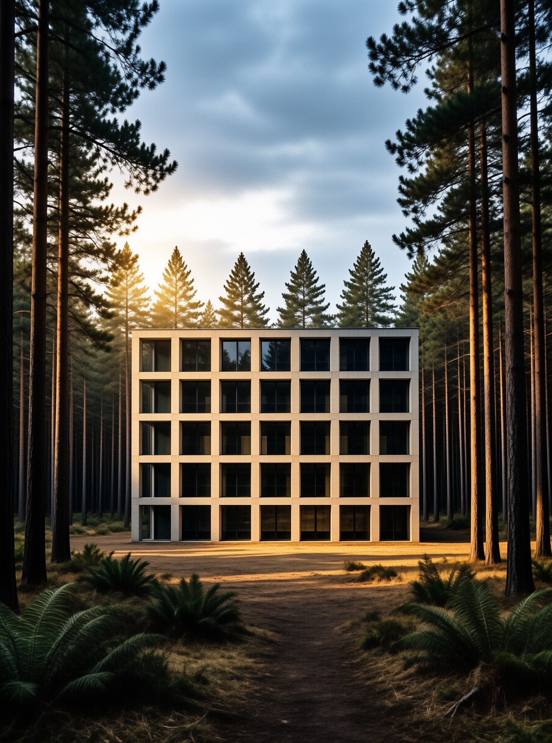 White grid building stands in pine forest clearing as sunlight illuminates the left side and casts shadows on the path.