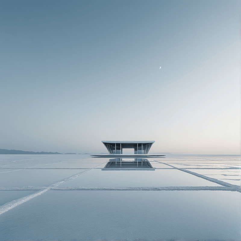 A sleek white architectural structure sits centrally on a grid of reflective water with a pale moon in the blue sky.
