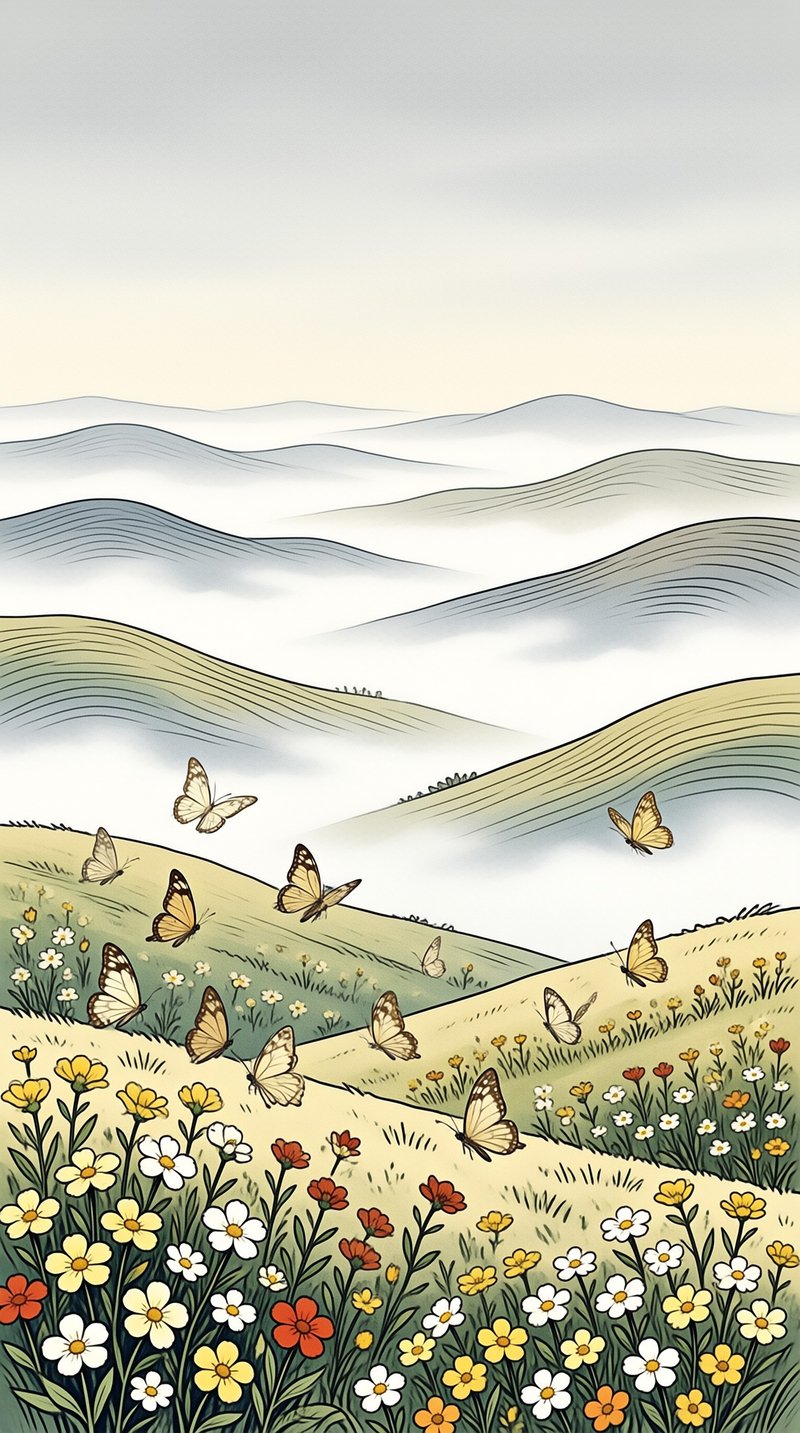 A flock of butterflies flies above a valley of colorful wildflowers under a pale sky, with misty hills in the background.