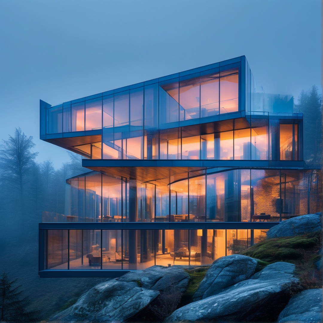 Modern Glass House in Mist