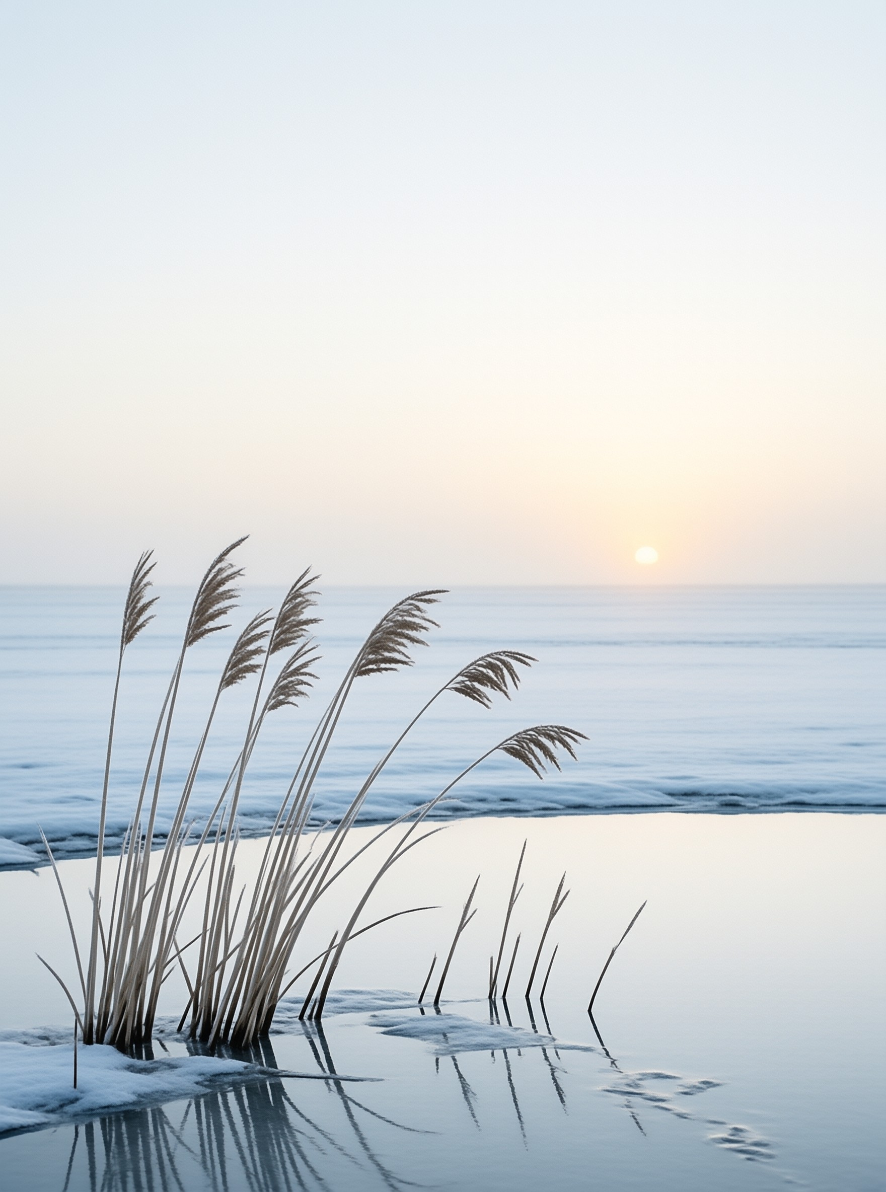 Tall dried grasses lean over snowy water while the low sun glows on the distant horizon.