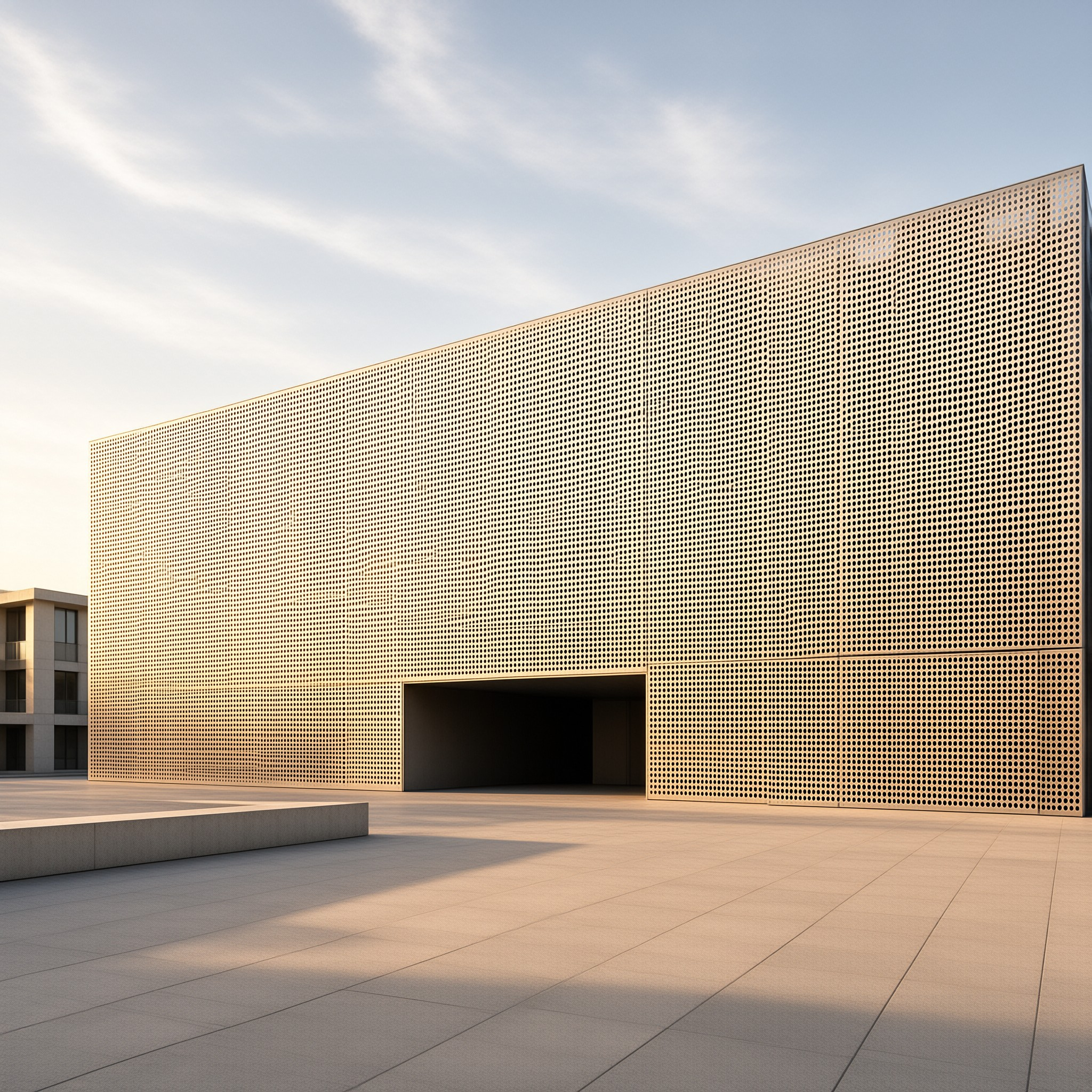 A large modern structure features a golden mesh exterior casting long shadows across an open courtyard during the evening.