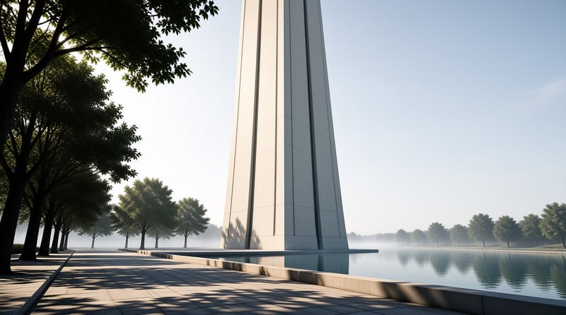 A tall smooth white monument stands at the edge of a calm reflective lake, with tree lined paths and soft morning mist framing the whole scene.