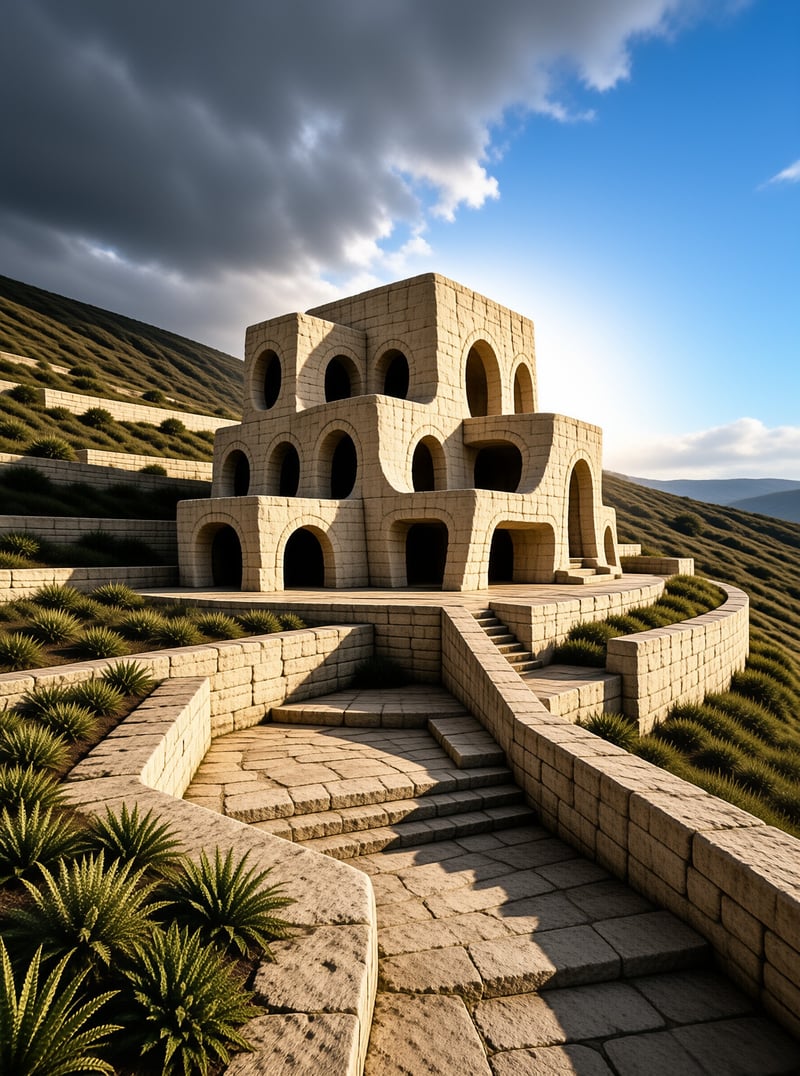 A multi-story stone structure with arched openings sits on a terraced hillside, lit by sun against a dramatic cloudy sky.