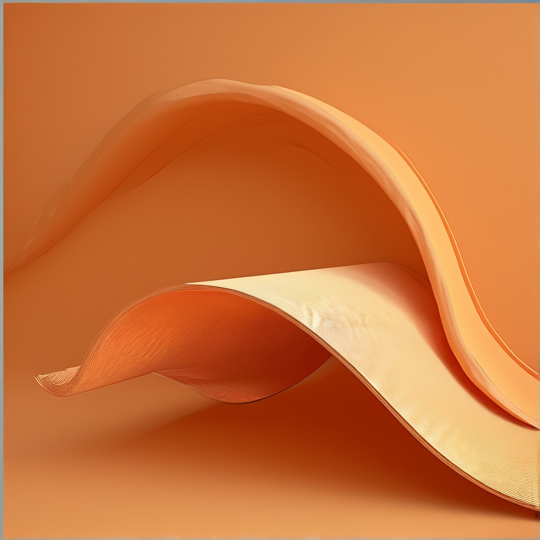 Two smooth textured orange silk ribbons curve and overlap against a flat warm terracotta background with soft even lighting.