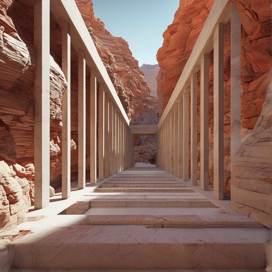 A long series of beige pillars frames a staircase ascending through a narrow red rock canyon under bright sun.
