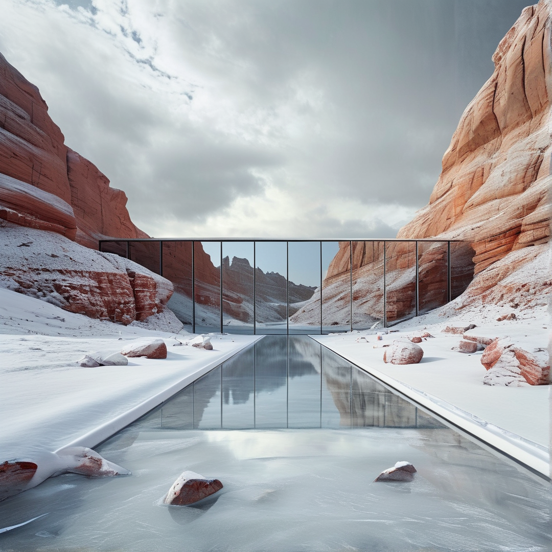 A long reflective water channel leads to a modern glass building surrounded by snow-covered red rock cliffs under a cloudy sky.