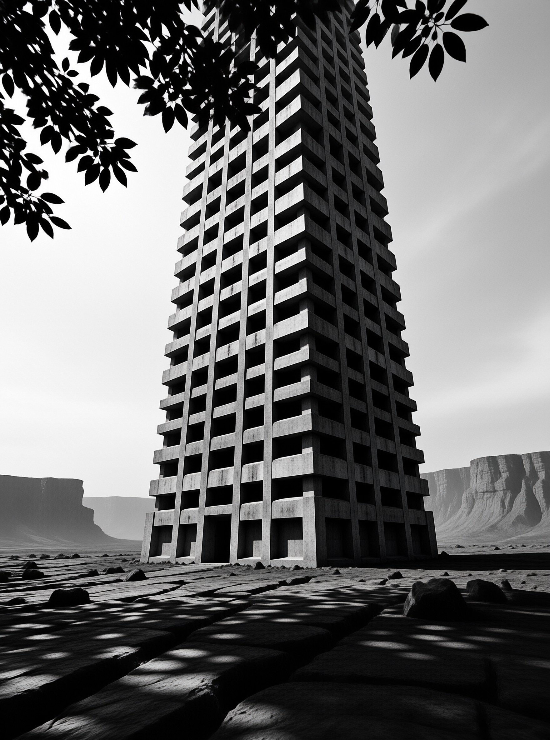 A skeletal high-rise ruin dominates a cracked, rocky plain under a grey sky, framed by dark leaves in the upper left corner.