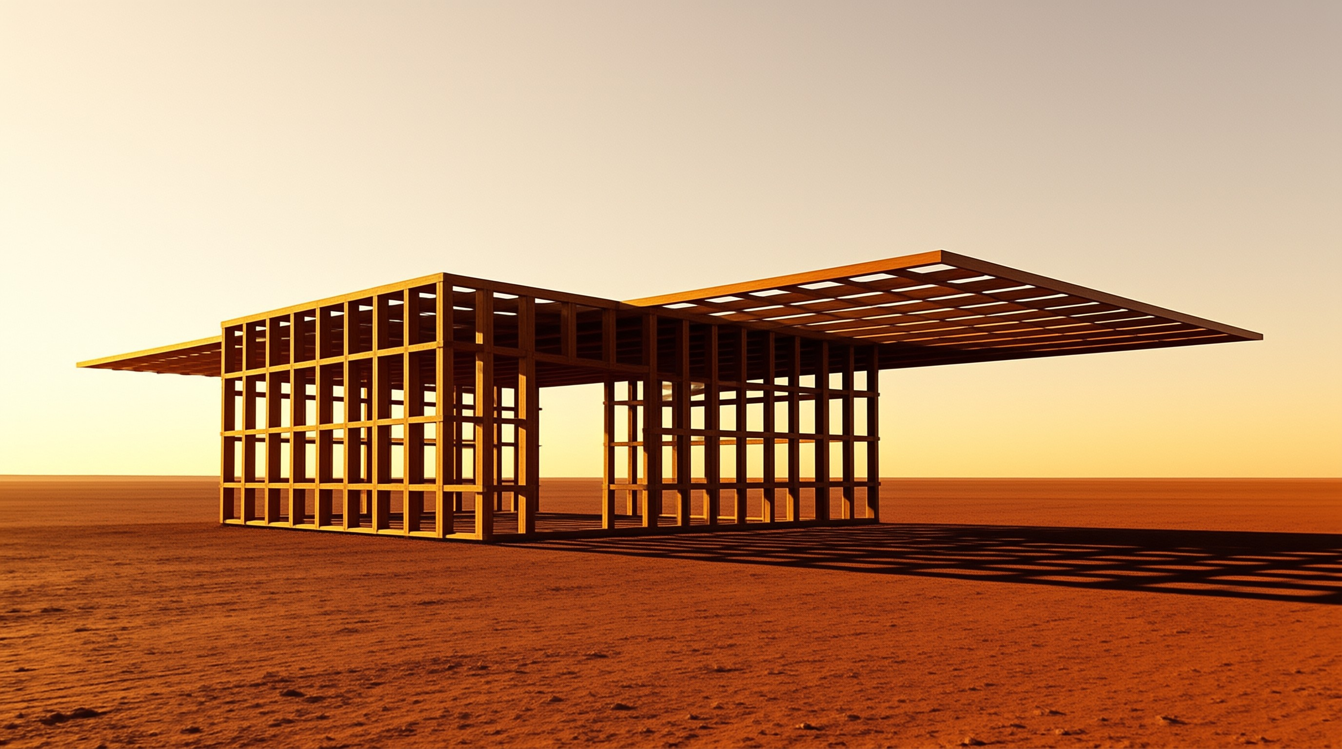 Unfinished wooden frame stands isolated in vast red desert under warm golden sunset sky casting long shadows.