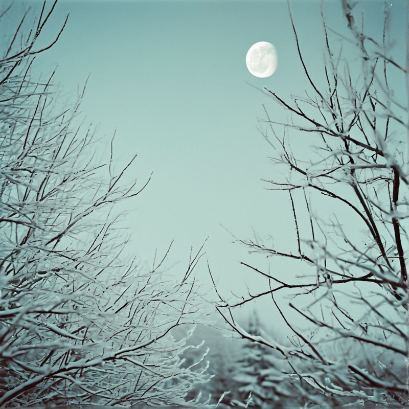 Snow covered branches frame a bright full moon glowing in a pale blue winter sky.