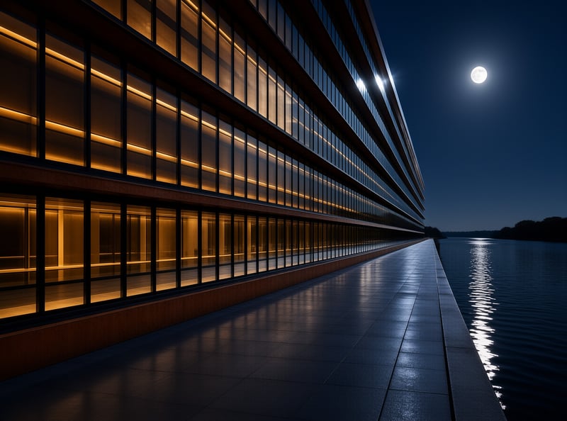 A long building with warm windows stands beside a calm lake reflecting the full moon on the dark water surface at night.