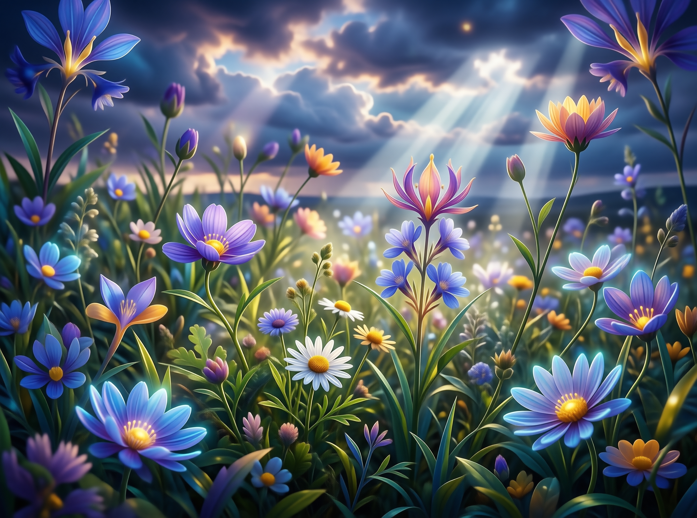 Vibrant Meadow Under Sunbeams