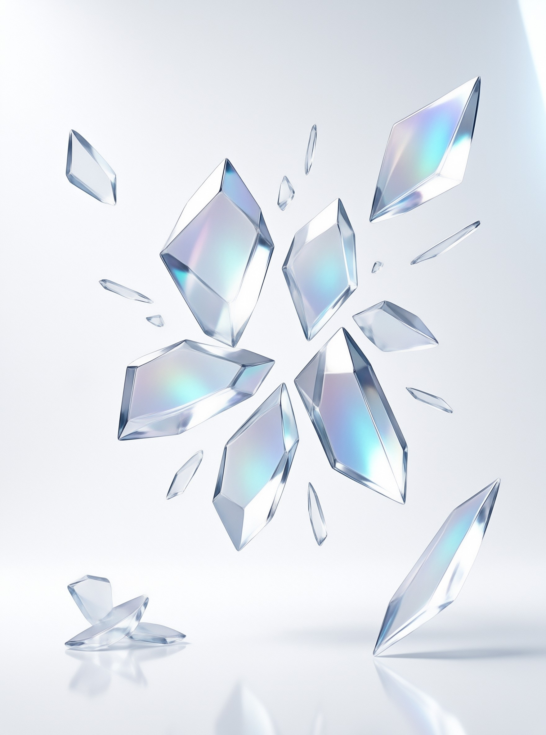 Geometric crystal shards float in a radial burst pattern displaying iridescent refractions on a white background.