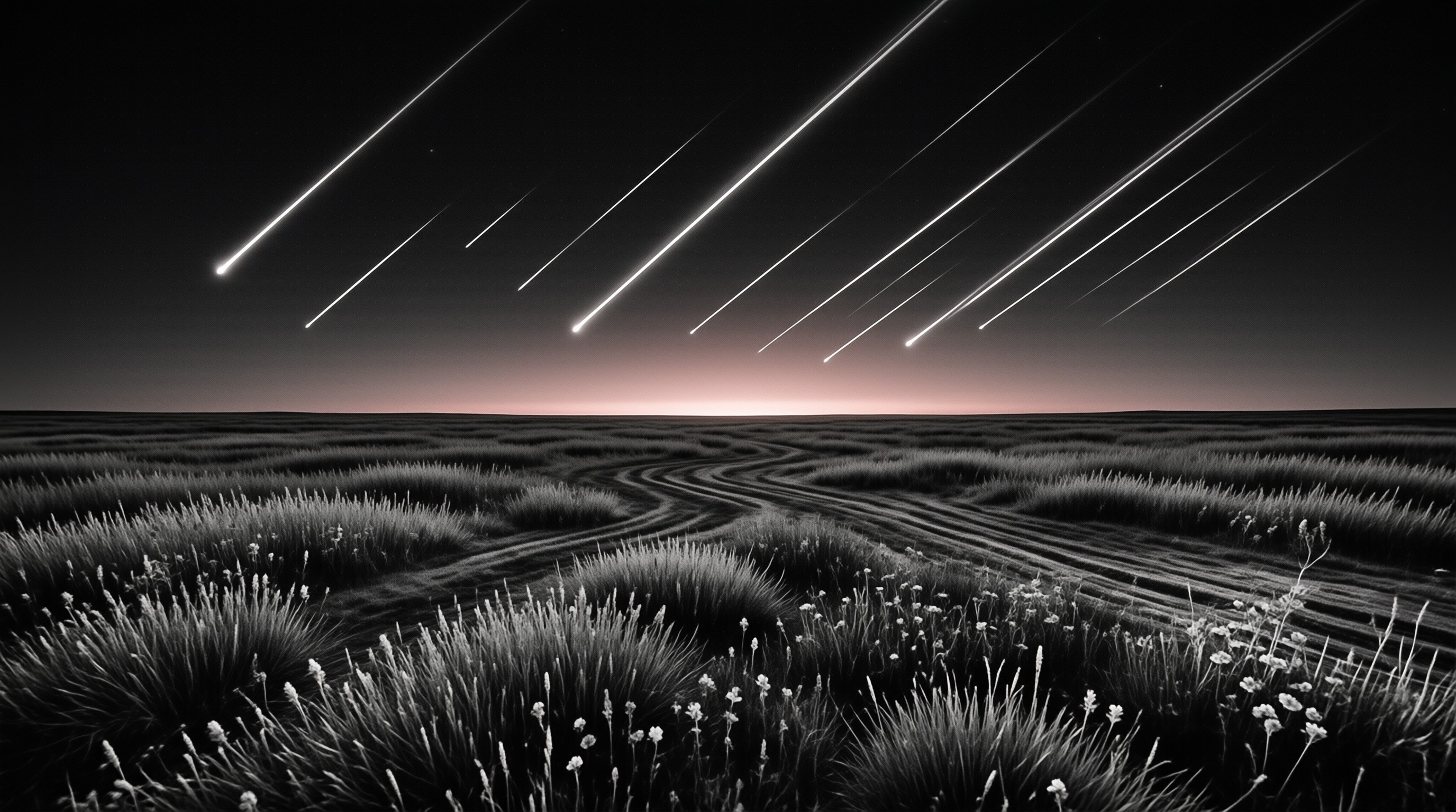A winding path curves through a grassy plain toward a glowing horizon while meteor trails streak across the dark night sky.