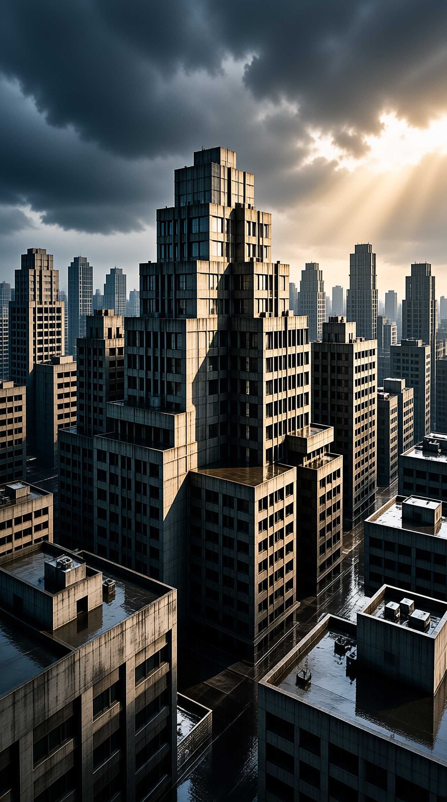 Brutalist City in Dramatic Light