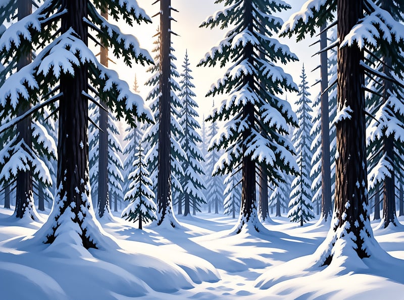 Tall evergreen conifers rise from a deep white snow blanket under a bright winter sky.