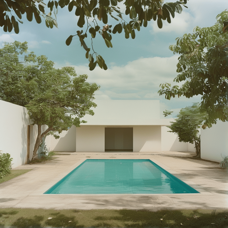 A rectangular turquoise pool sits in a modern white courtyard surrounded by lush green trees under a partly cloudy sky