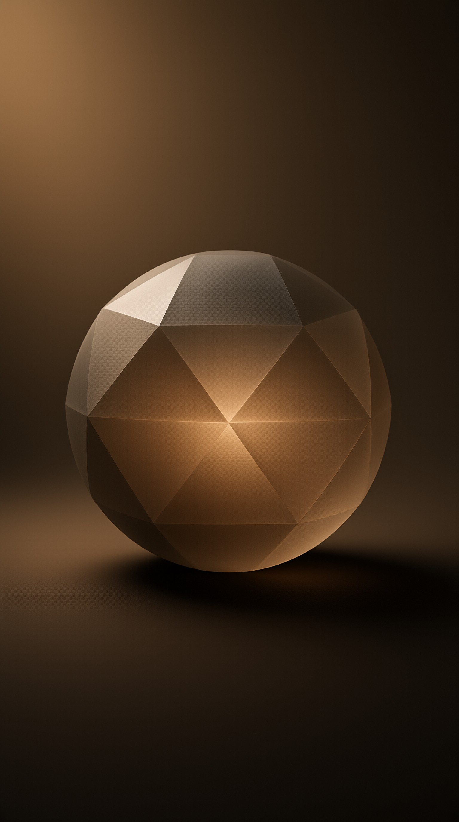 A low poly sphere floats in a dark void with warm amber light casting soft shadows on its faceted surface.
