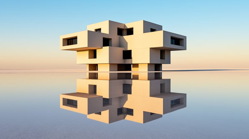 Futuristic modular architecture stands atop a calm reflective surface under a gradient sky.