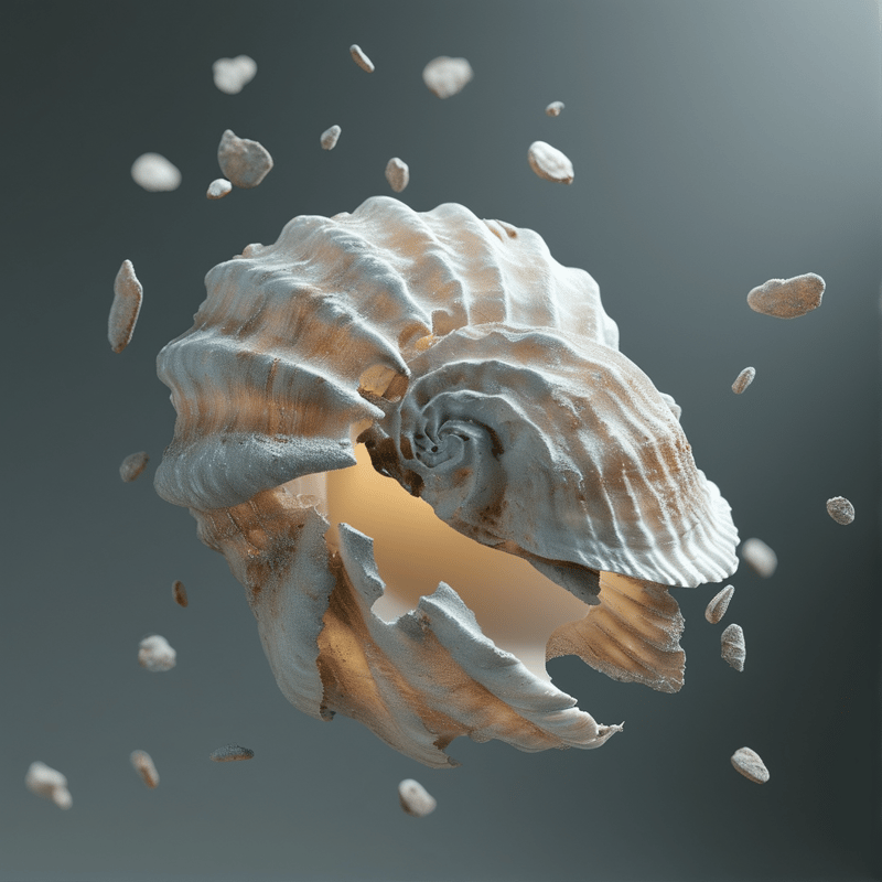 A broken spiral shell floats against a muted grey backdrop, warm light glows through its gaps while tiny shell bits drift around it.