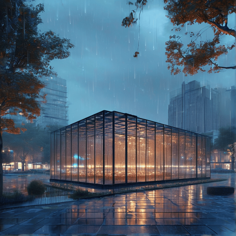 A glass pavilion glows warmly in a rainy urban plaza with wet pavement reflecting light under twilight skies.