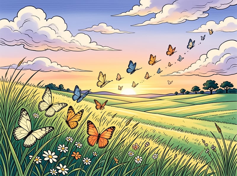 Colorful butterflies fly above a grassy meadow dotted with daisies at golden sunset.