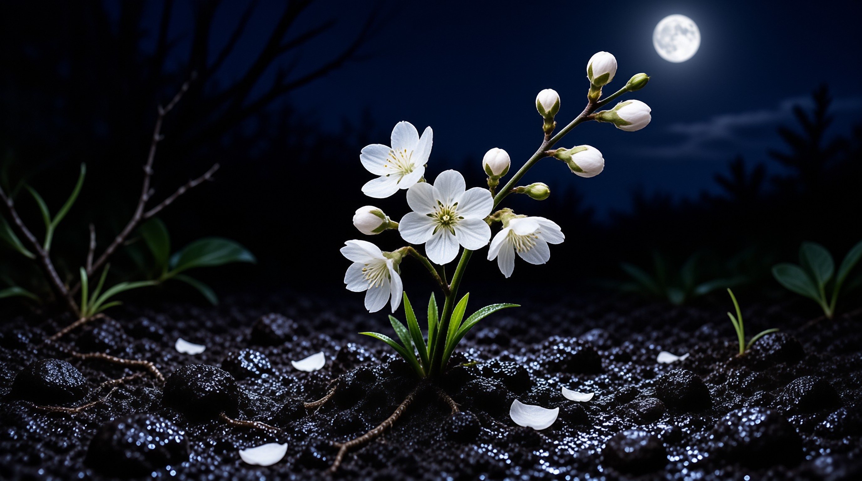 White blossoms on a branch grow from wet dark soil beneath a bright full moon against the night sky with scattered petals.